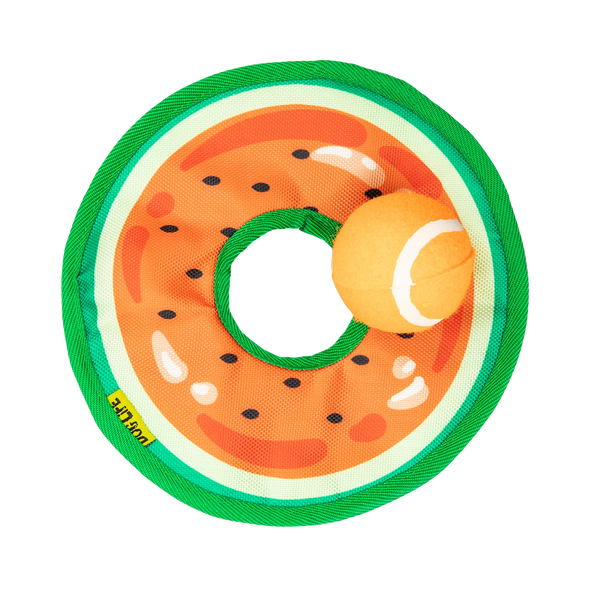 NEW: 2-in-1 Dog Toy - tough fabric frisbee with detachable tennis ball (case of 6)